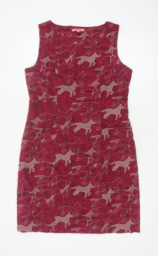 White Stuff Women Red Horse Print Cotton Sleeveless Sheath Dress UK 14