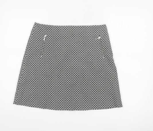 Wallis Women Black White Geometric A-Line Knee Length Skirt UK 12 Zip