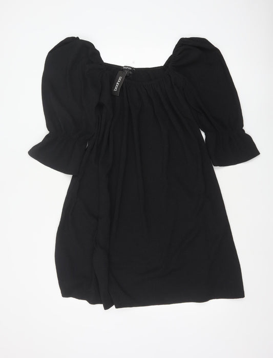 Boohoo Women Black UK 14 Fit & Flare Knee Dress Puff Sleeves