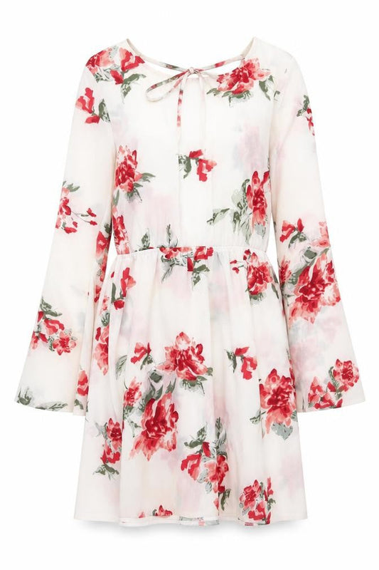 PRETTYLITTLETHING Women Ivory Floral Bell Sleeve Skater Dress UK 10