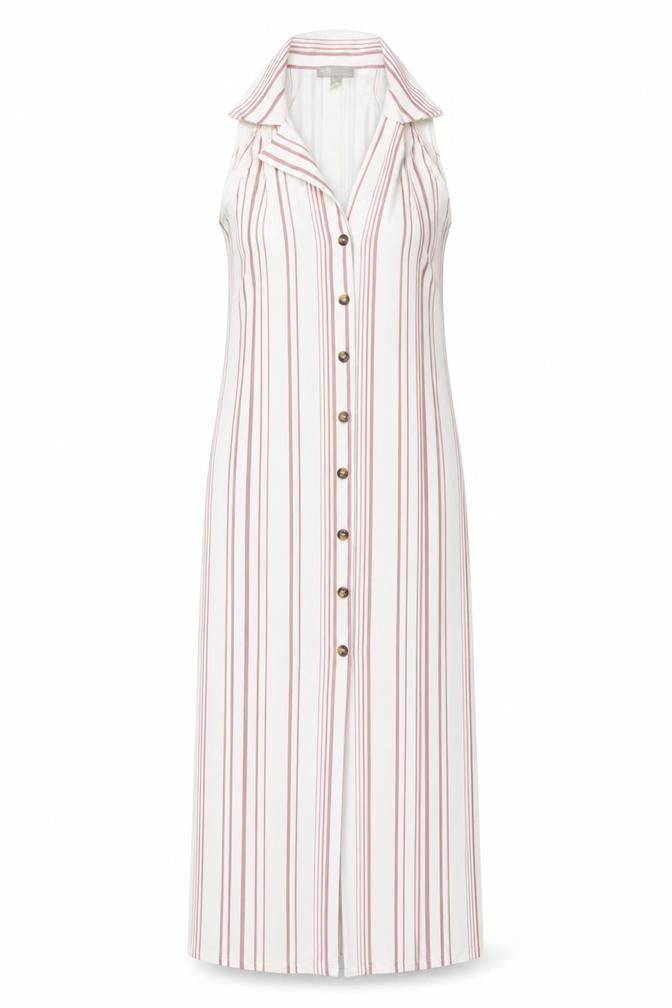 Front view of ASOS Women White Pink Striped UK 12 Maxi Sleeveless Shirt Dress