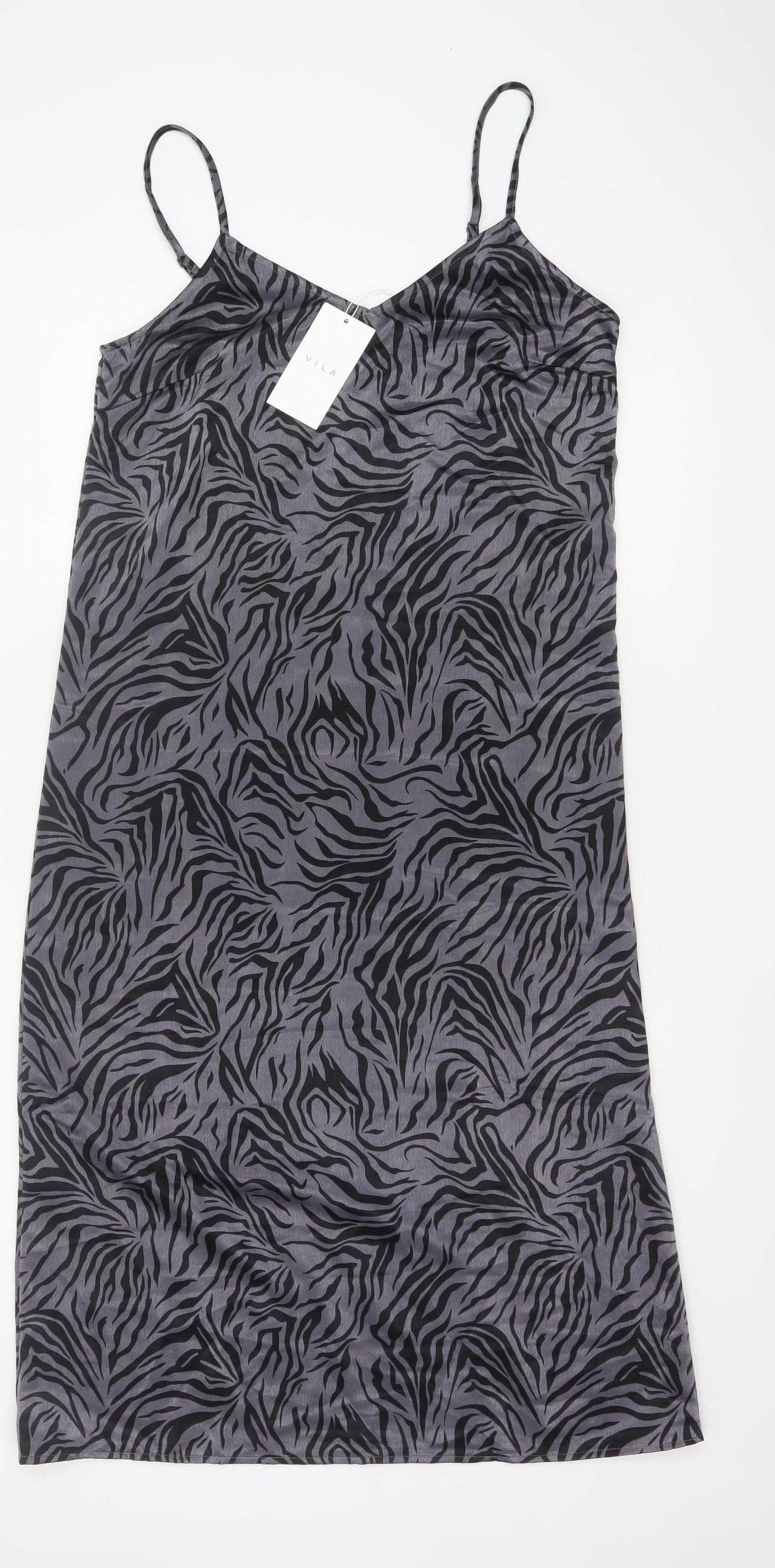 VILA Women Grey Zebra Print Size 10 Knee Length Slip Dress