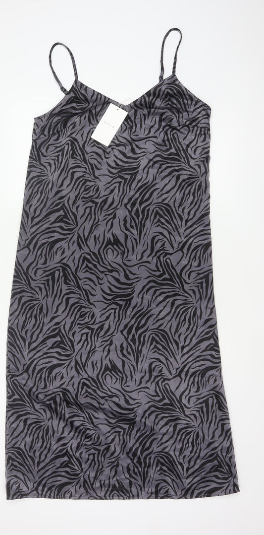 VILA Women Grey Zebra Print Size 10 Knee Length Slip Dress