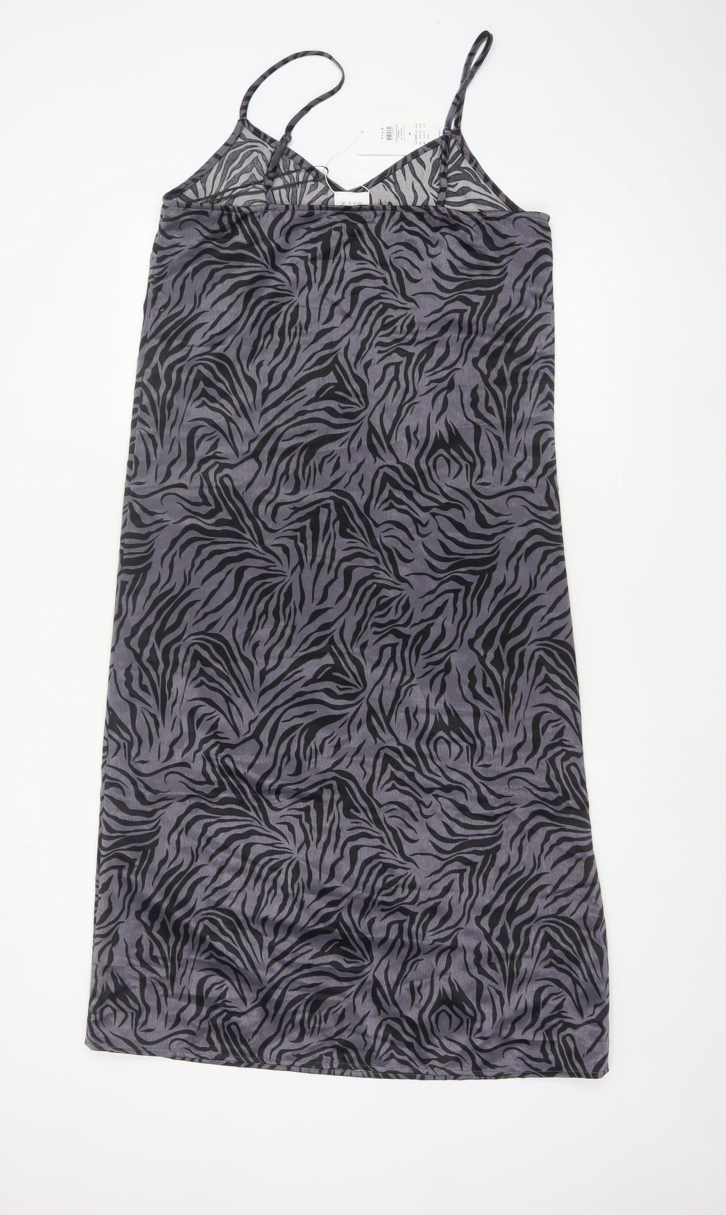 VILA Women Grey Zebra Print Size 10 Knee Length Slip Dress