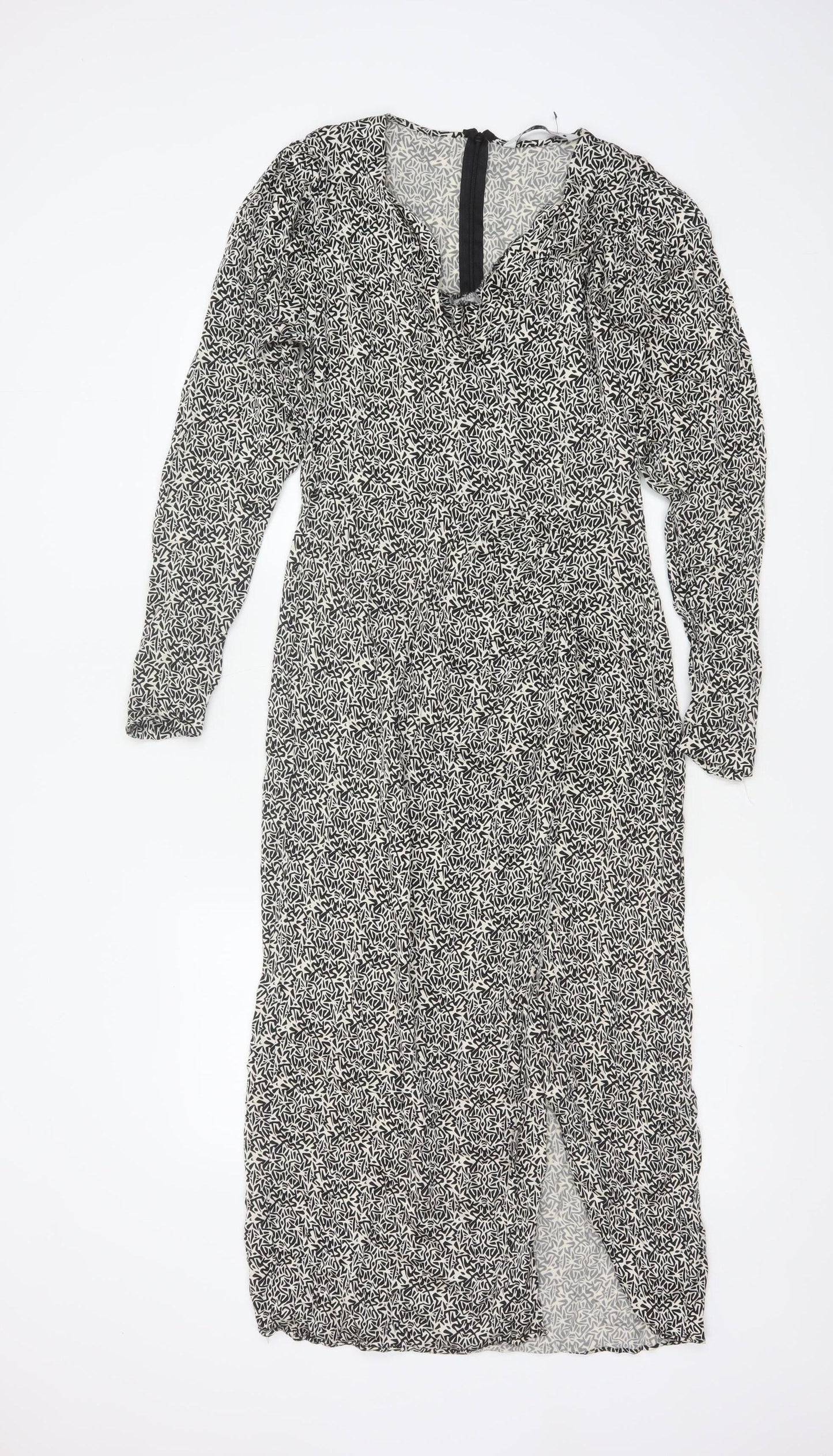 Zara Women Black White UK 12 Maxi Geometric V-Neck Long Sleeve Dress