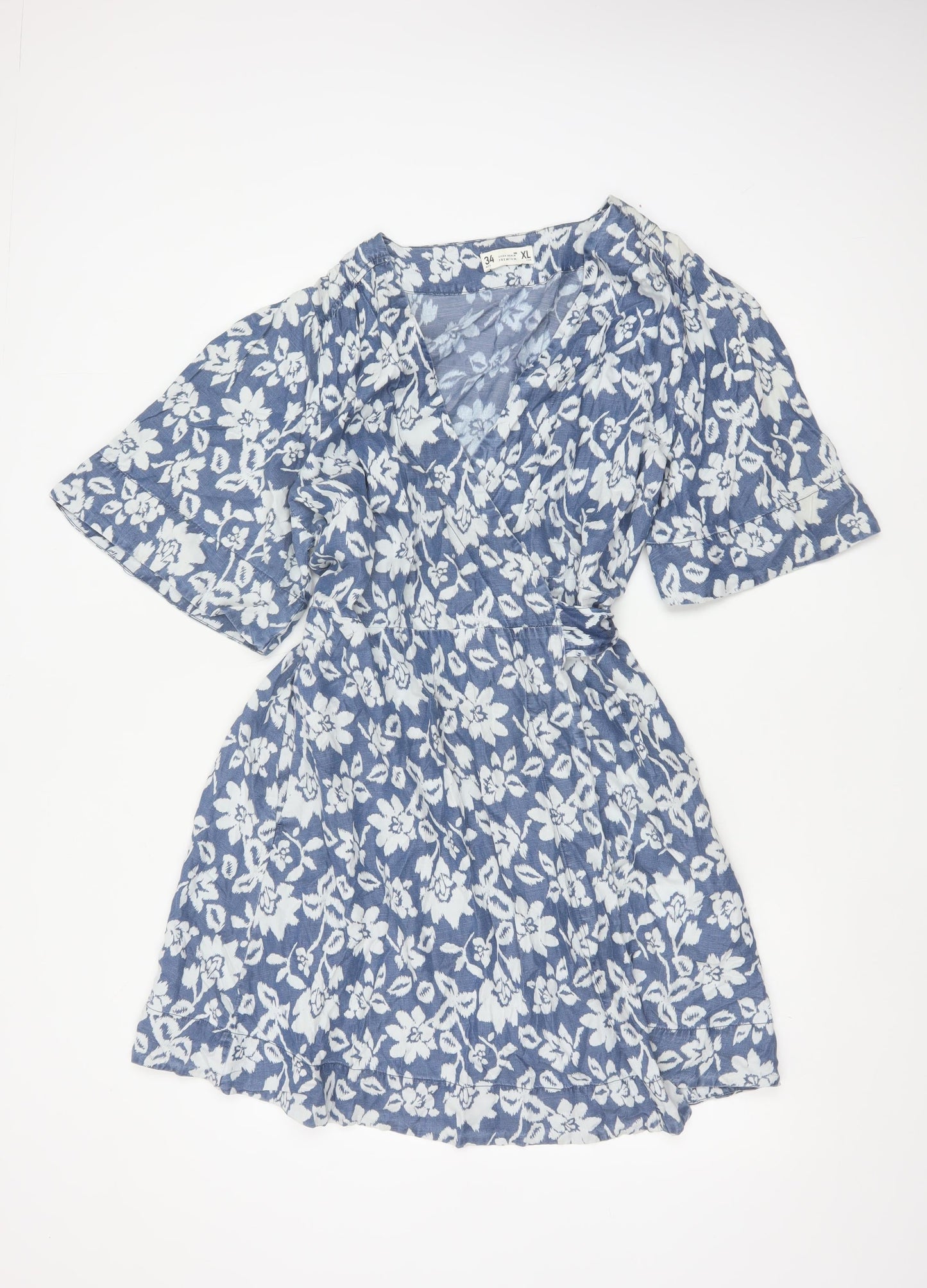Sfera Denim Premium Women Blue Floral Wrap Dress XL Short Lyocell