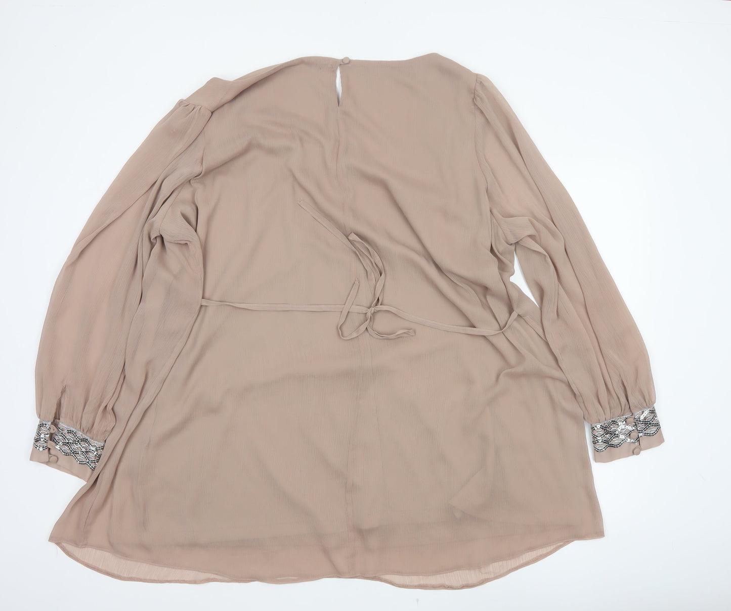 Grazia Women’s Beige UK 28 Sheer Beaded Cuff Tie Waist Blouse