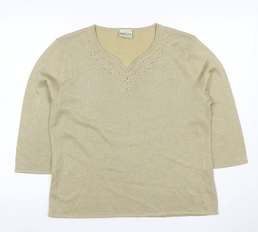 Eastex Women Gold Basic Embroidered V-Neck Knit Top UK 16/18