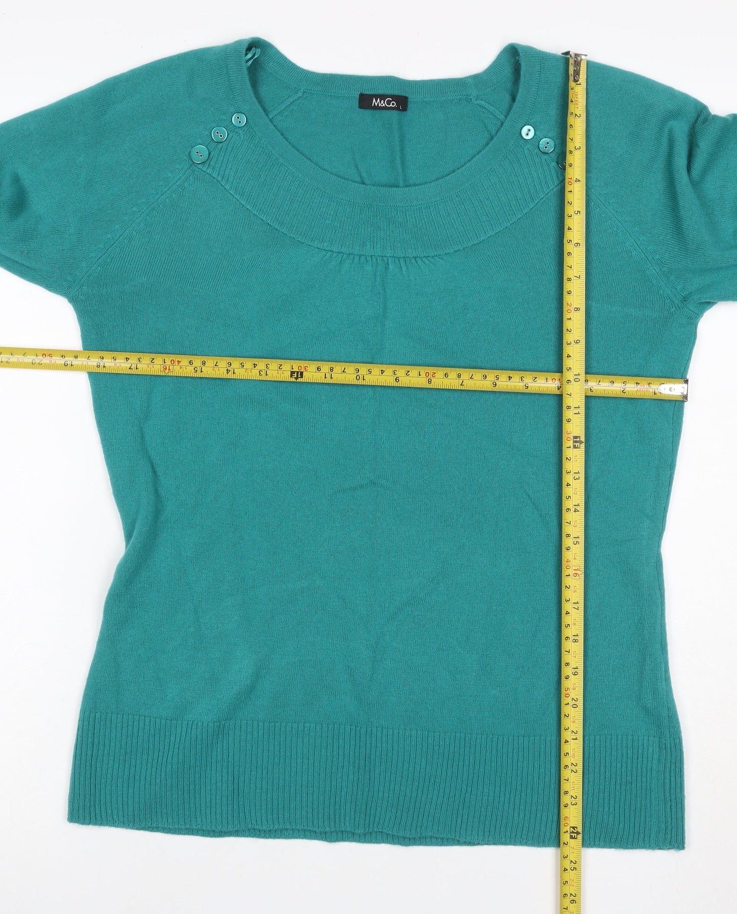 M&Co Women Green L Knit 3/4 Sleeve Round Neck Button Detail Top