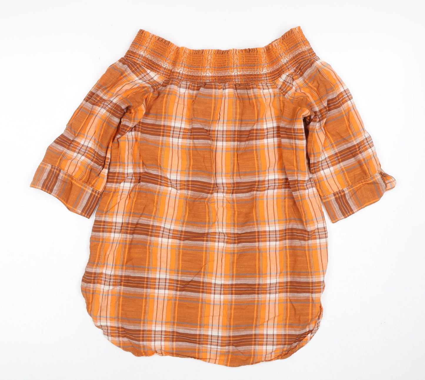 Next Women Orange Plaid Off Shoulder Button Blouse UK 8 3/4 Sleeve