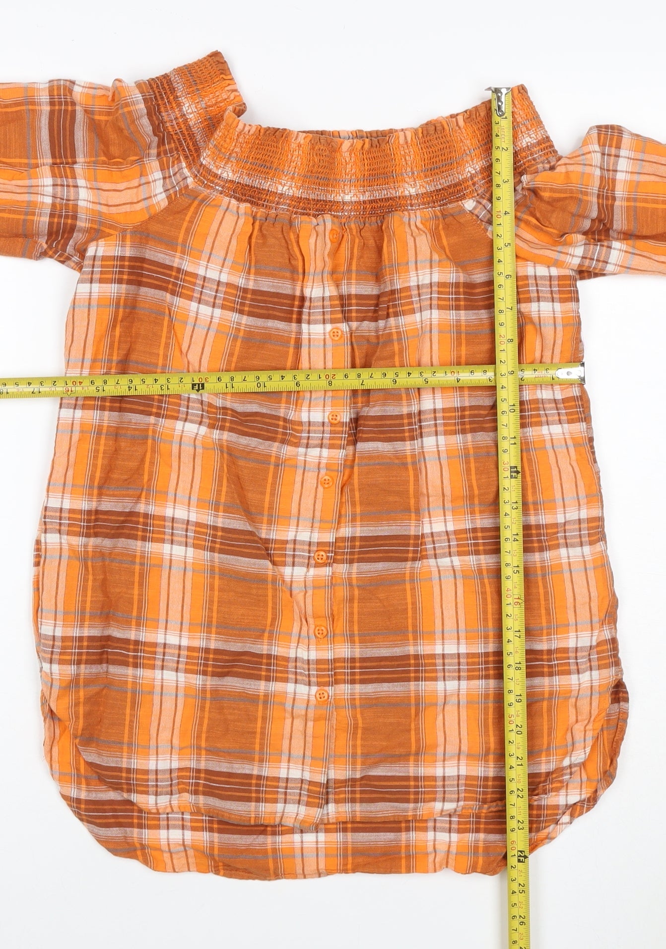 Next Women Orange Plaid Off Shoulder Button Blouse UK 8 3/4 Sleeve