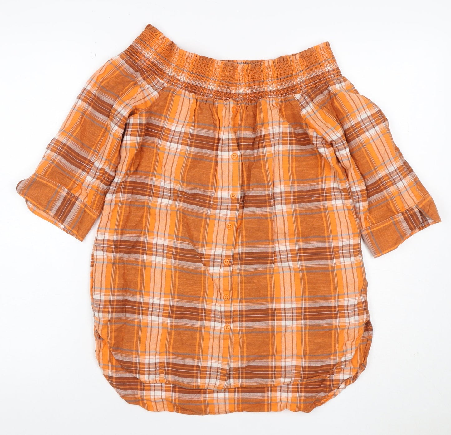 Next Women Orange Plaid Off Shoulder Button Blouse UK 8 3/4 Sleeve