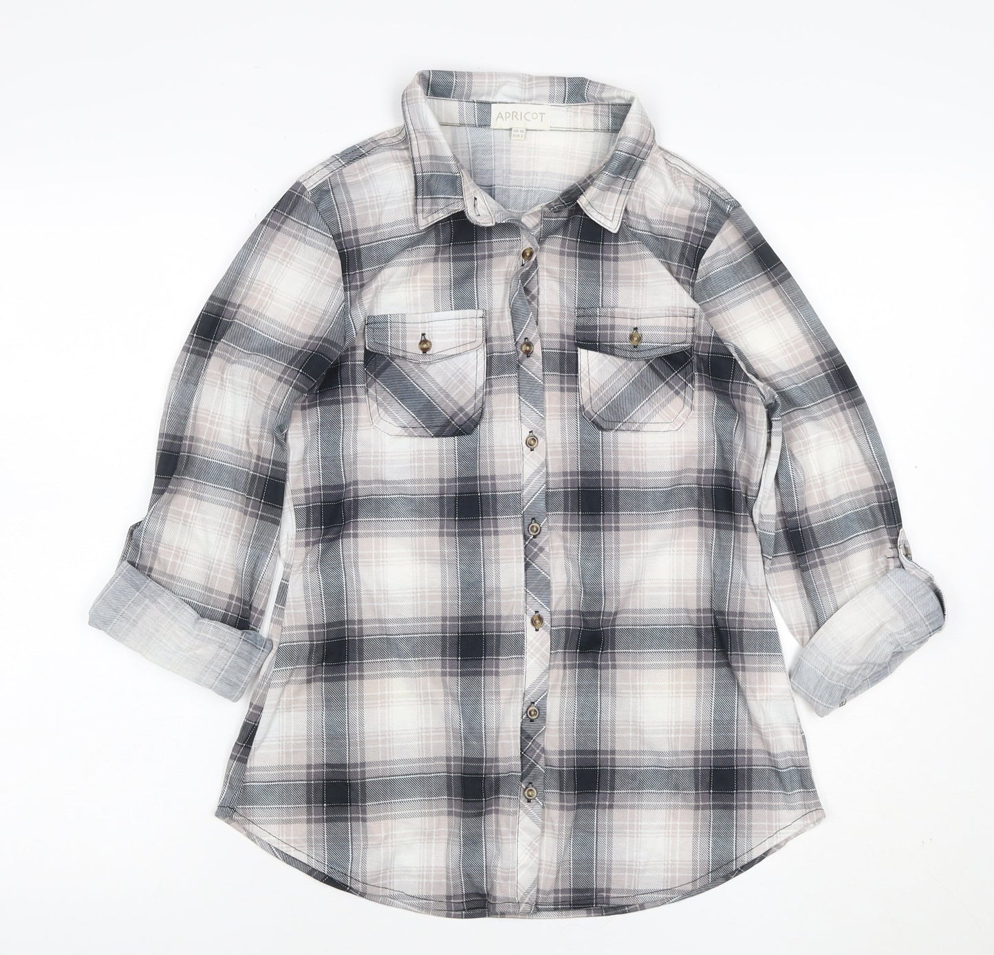 Apricot Women’s Grey Plaid Button-Up Shirt UK 10 Long Sleeve Pockets