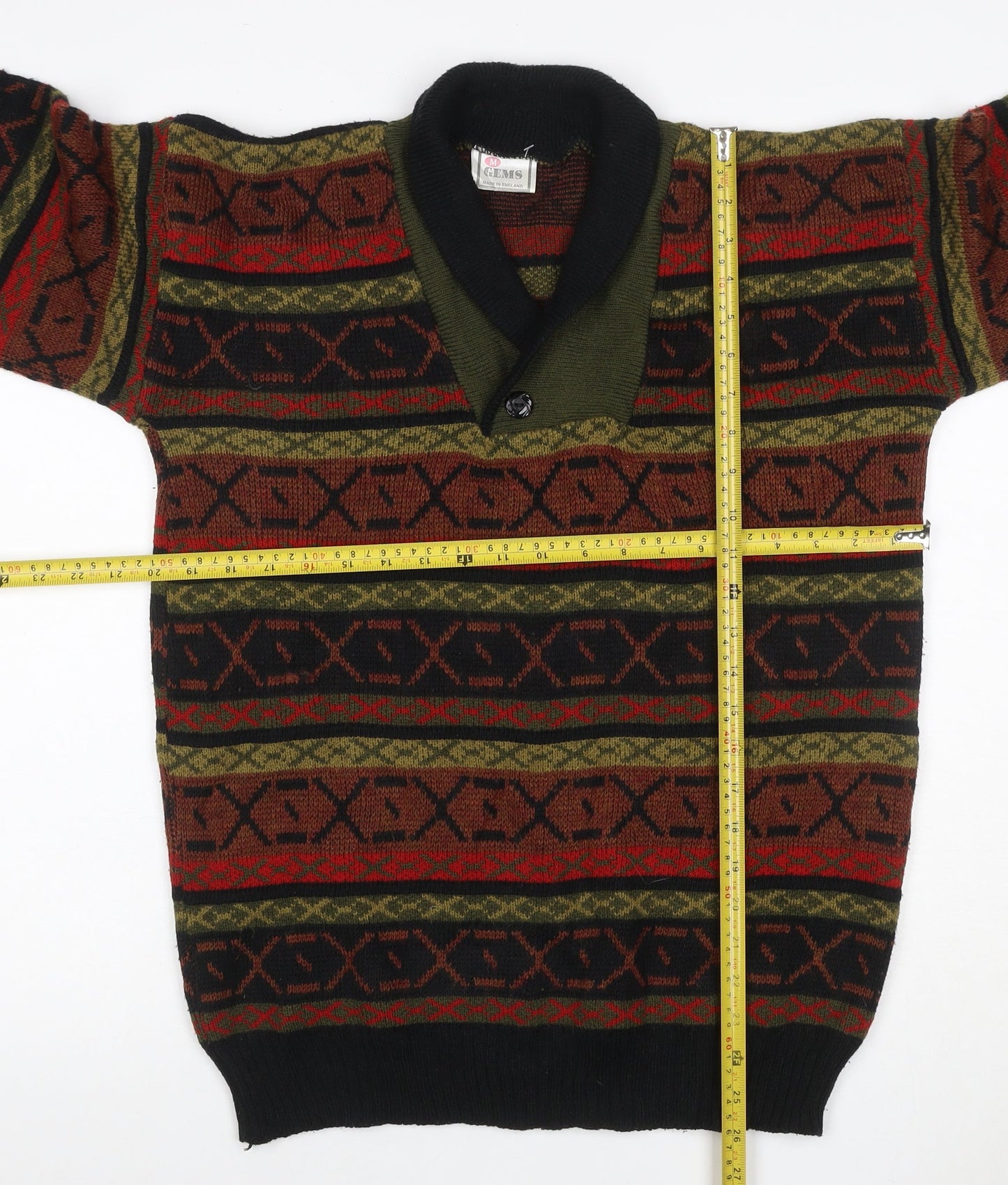 Gems Men’s Multicoloured M Henley Geometric Acrylic Knit Jumper Vintage