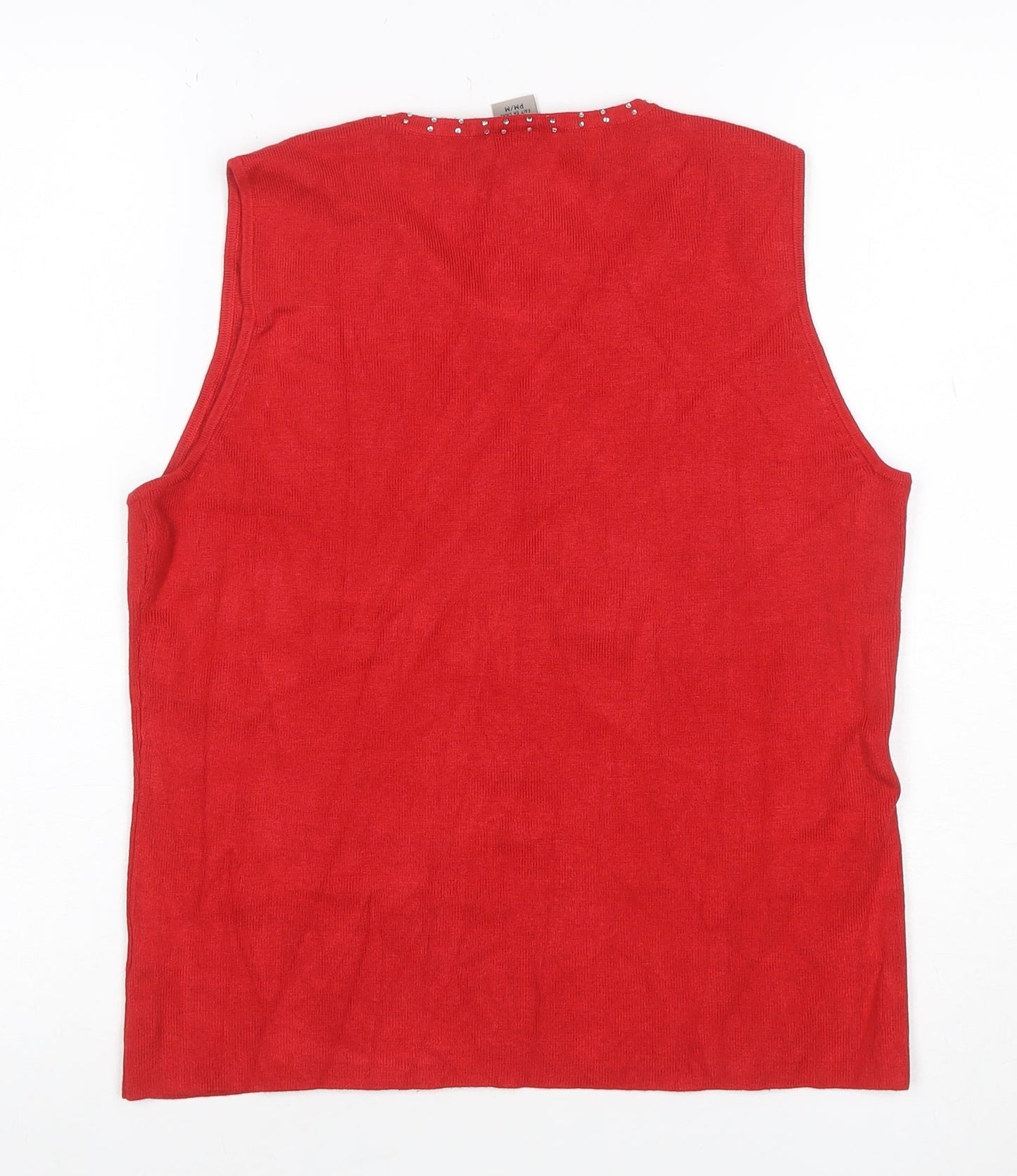 Tanjay Women Red Petite M Sleeveless Knit Vest Rhinestone Scoop Neck