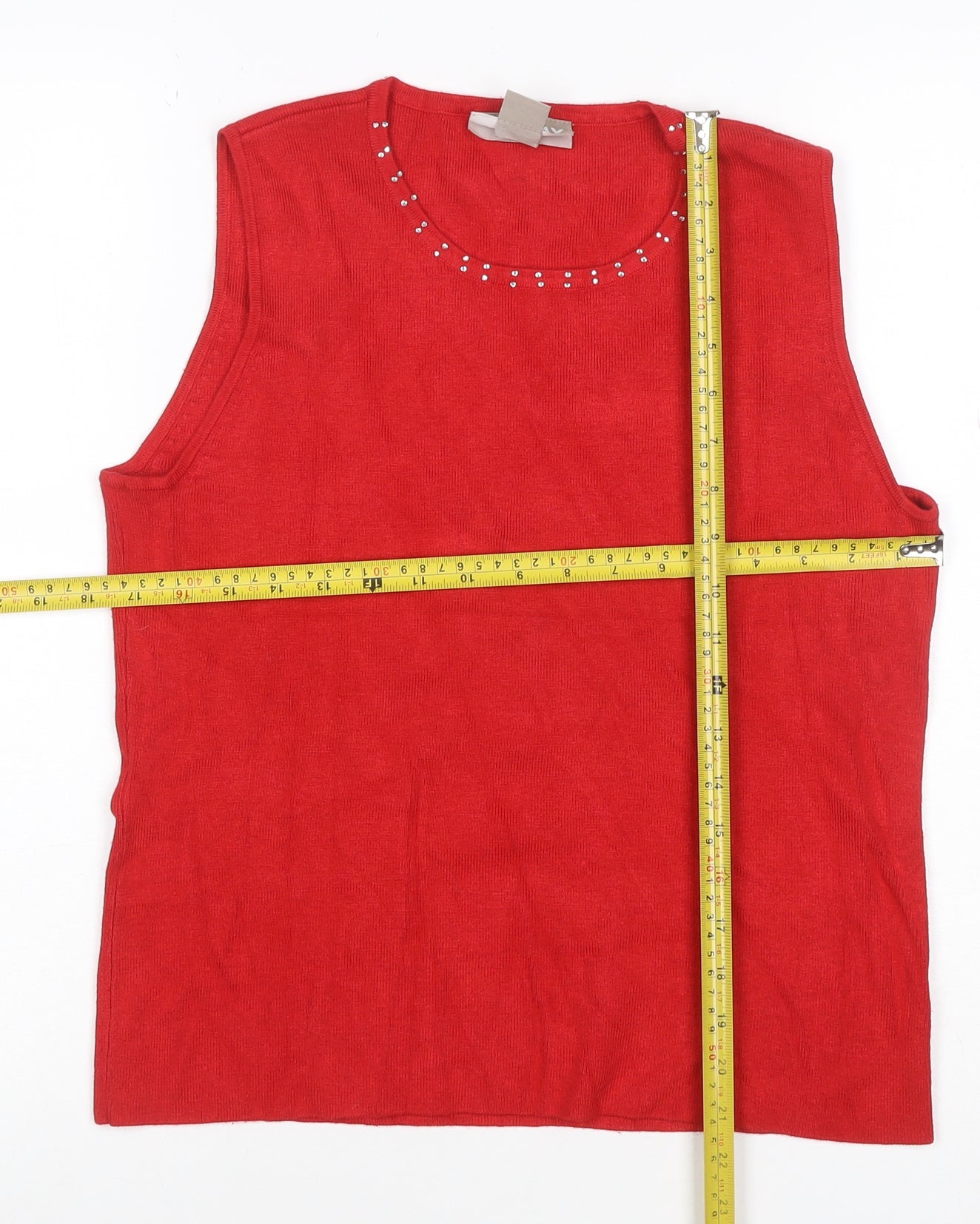 Tanjay Women Red Petite M Sleeveless Knit Vest Rhinestone Scoop Neck