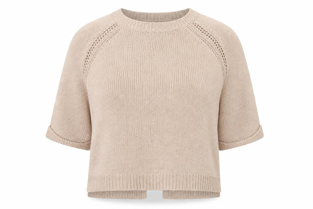 Front view of Dunnes Women Beige S Knit Raglan 3/4 Sleeve Round Neck Jumper