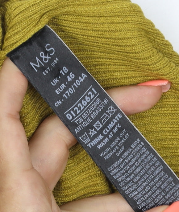 Marks & Spencer Women Green UK 18 Ribbed Roll Neck Long Sleeve Jumper