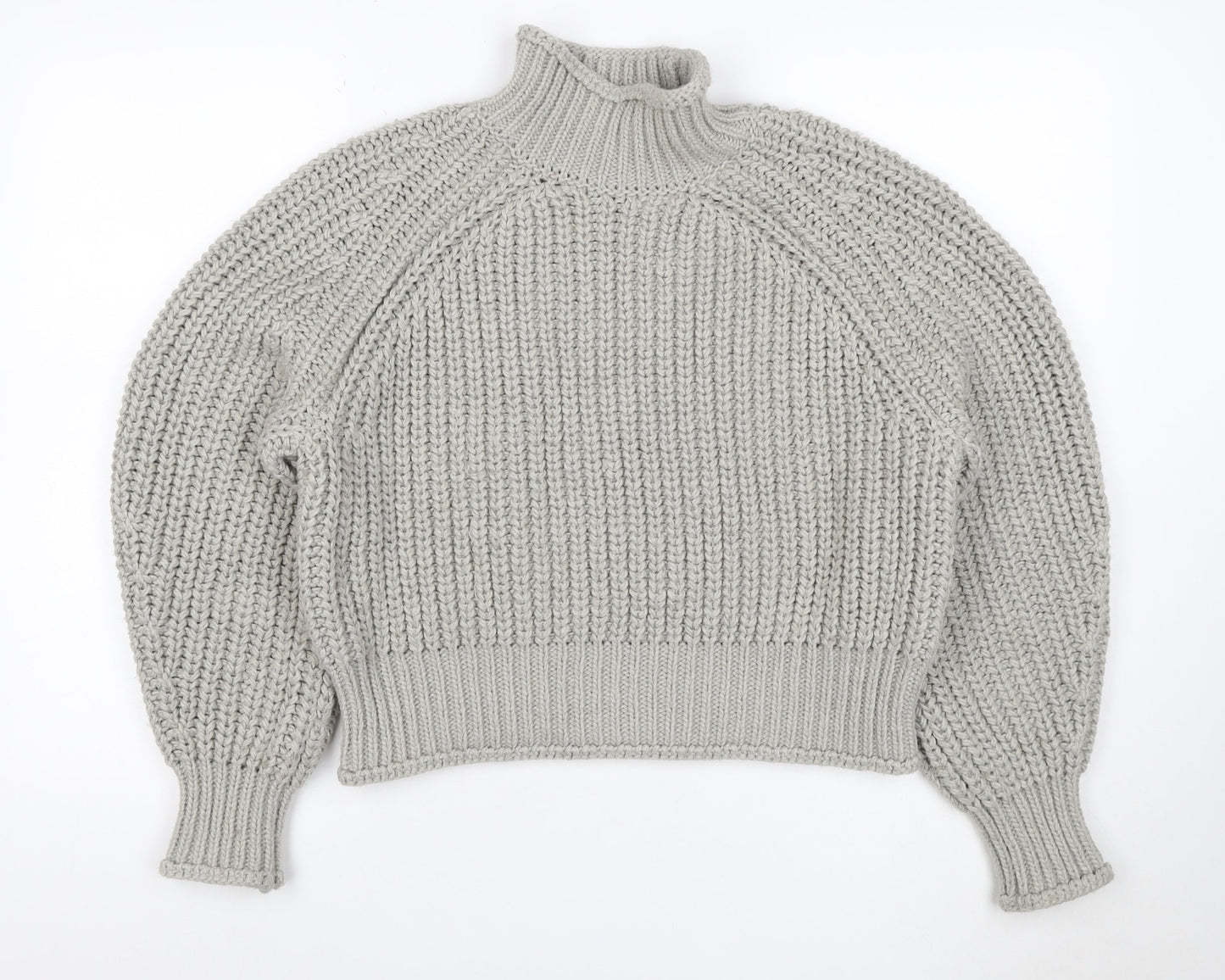 H&M Women Grey M Chunky Knit Wool Blend High Neck Raglan Jumper