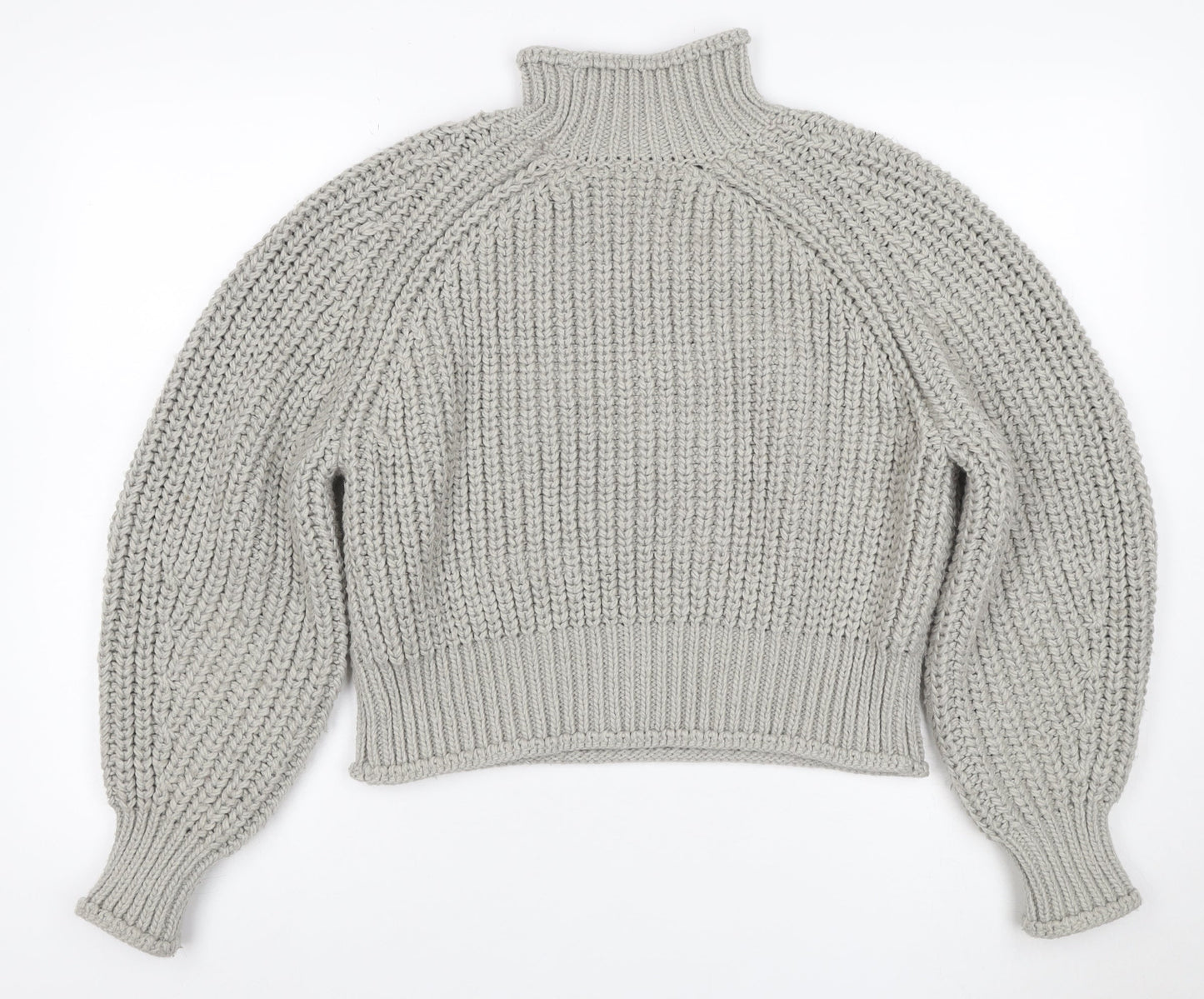 H&M Women Grey M Chunky Knit Wool Blend High Neck Raglan Jumper