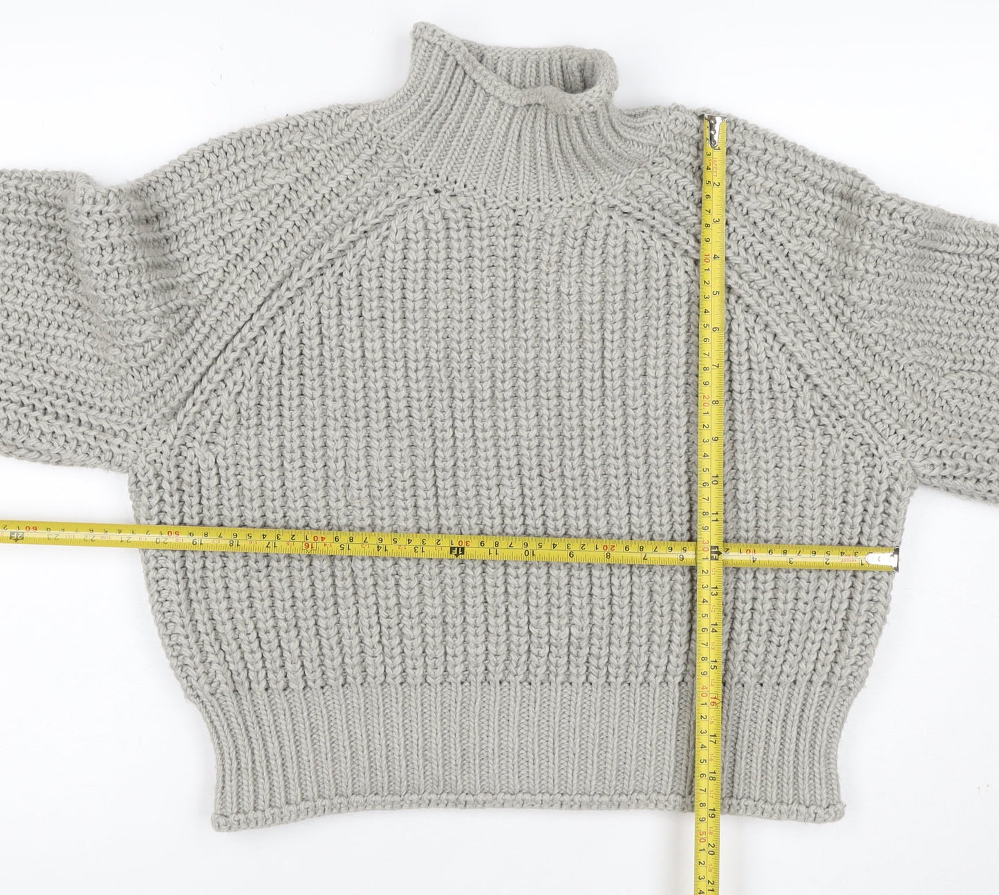 H&M Women Grey M Chunky Knit Wool Blend High Neck Raglan Jumper