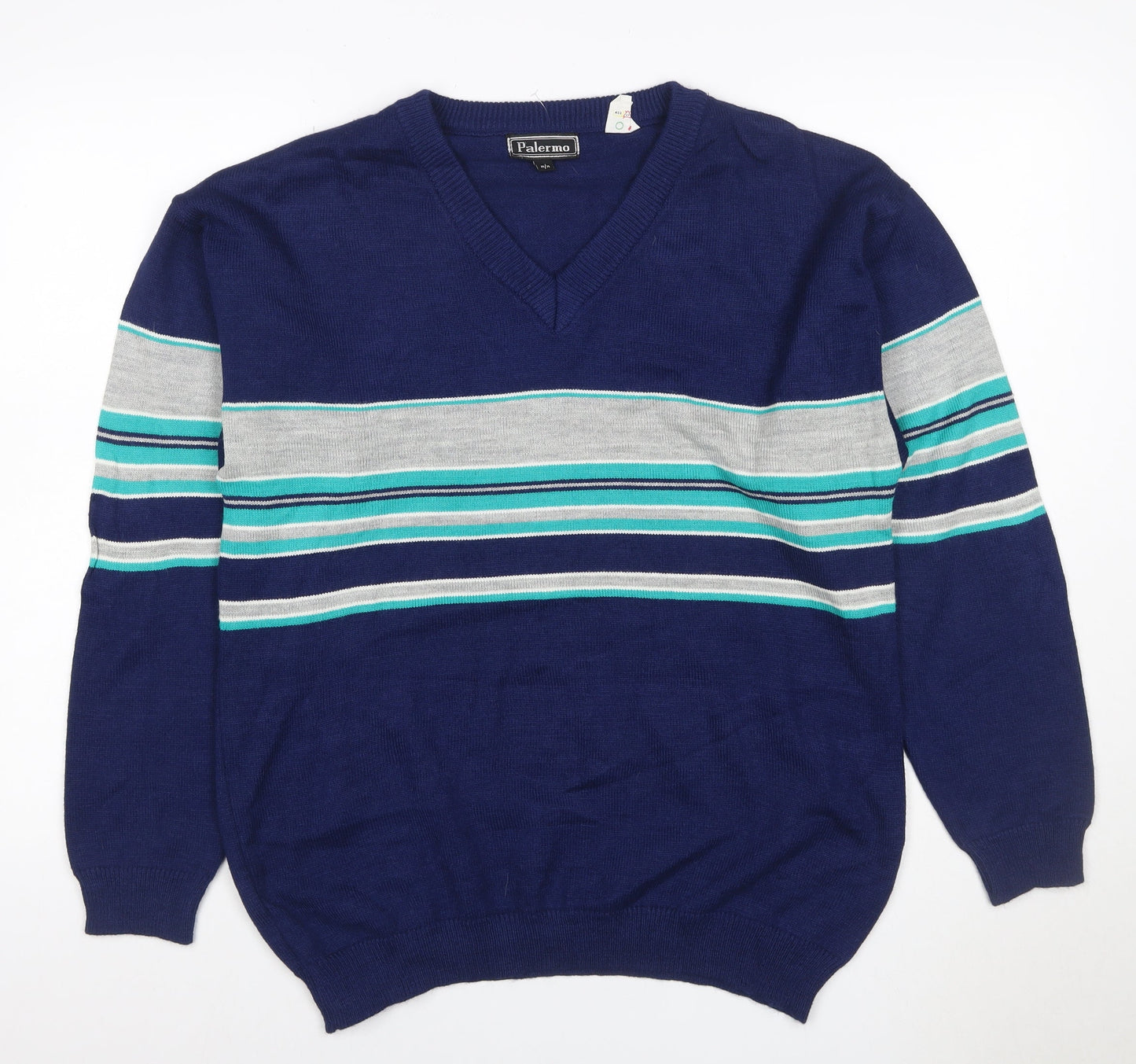 Palermo Men's Blue M V-Neck Striped Acrylic Knit Pullover Jumper