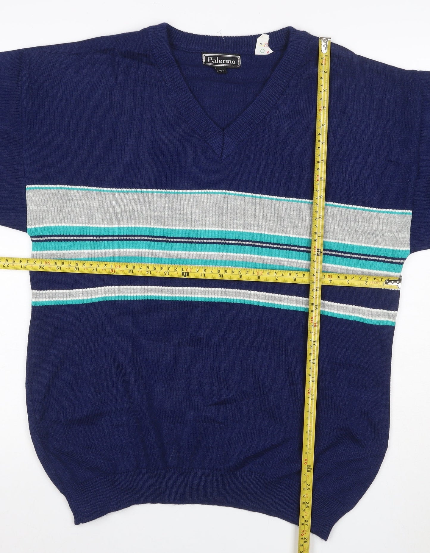 Palermo Men's Blue M V-Neck Striped Acrylic Knit Pullover Jumper