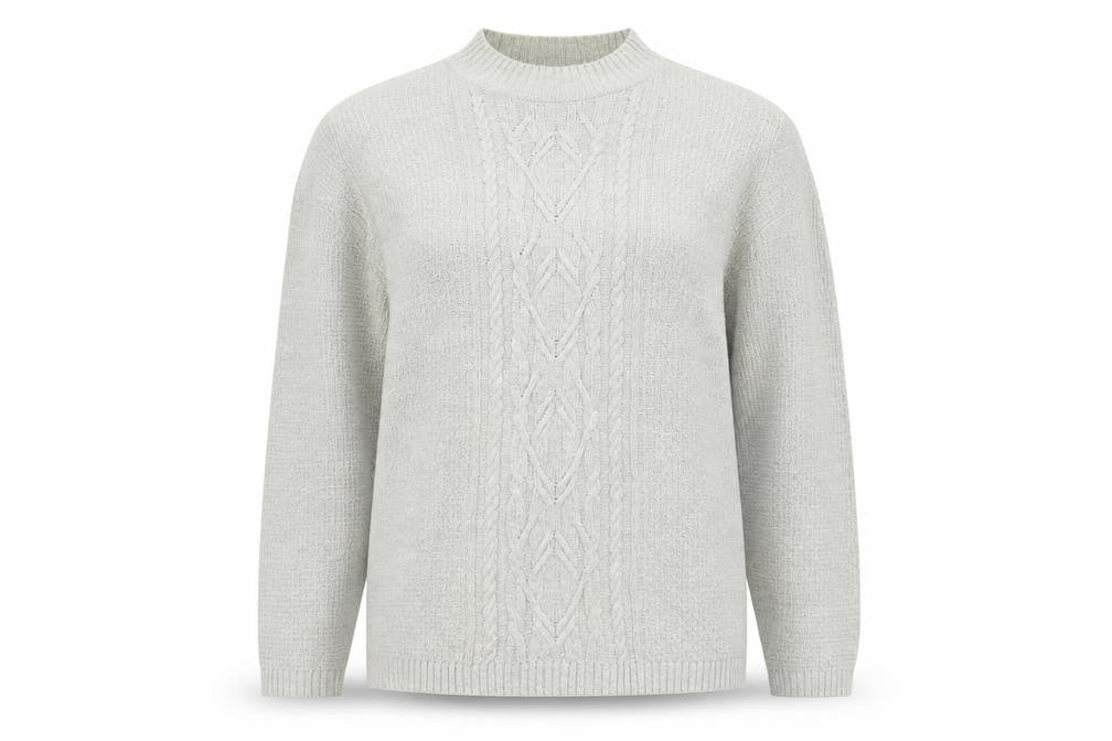 Isle Essentials Women Grey M Cable Knit Mock Neck Acrylic Jumper