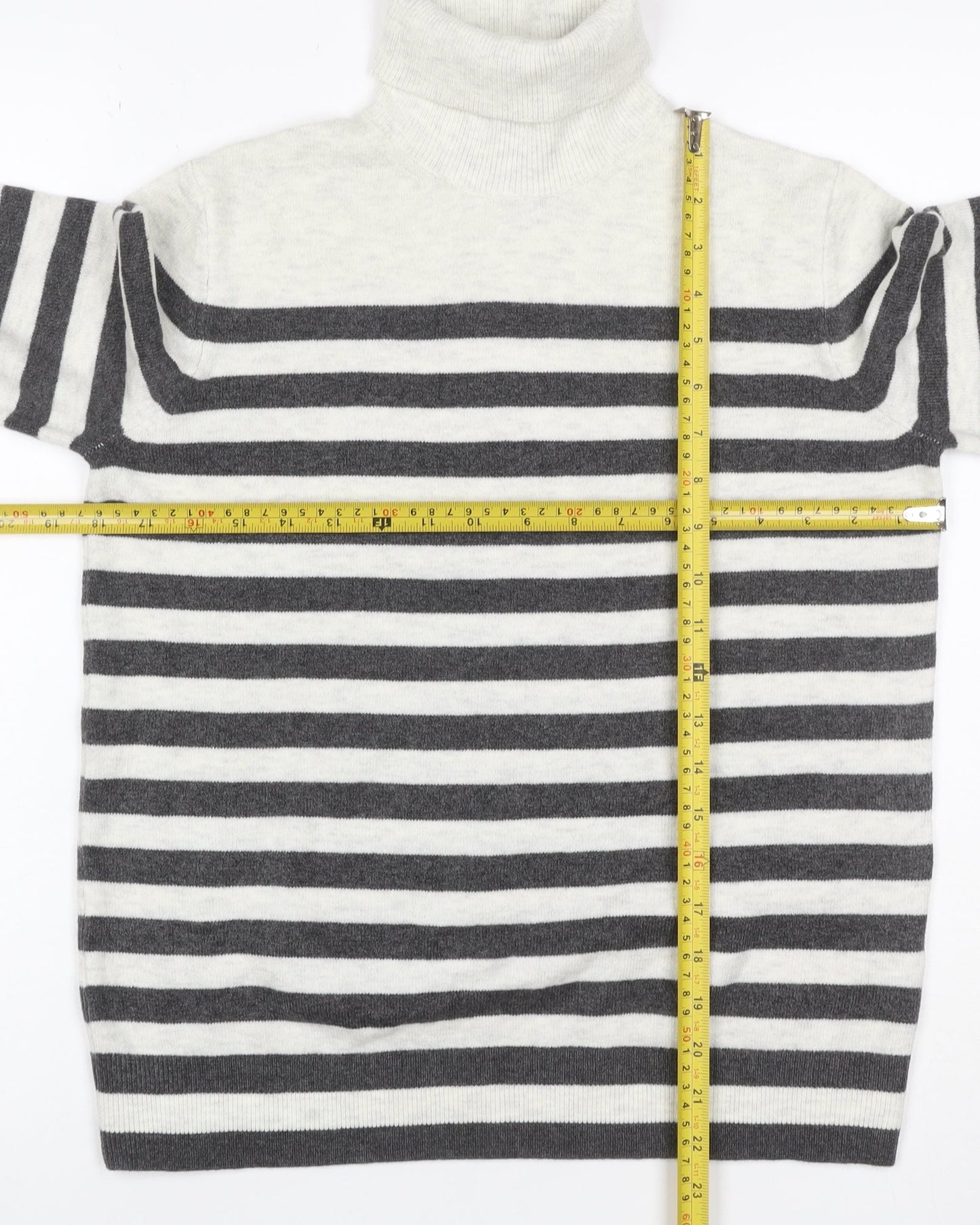 Marks and Spencer Women Grey Ivory Striped Roll Neck Jumper Size S