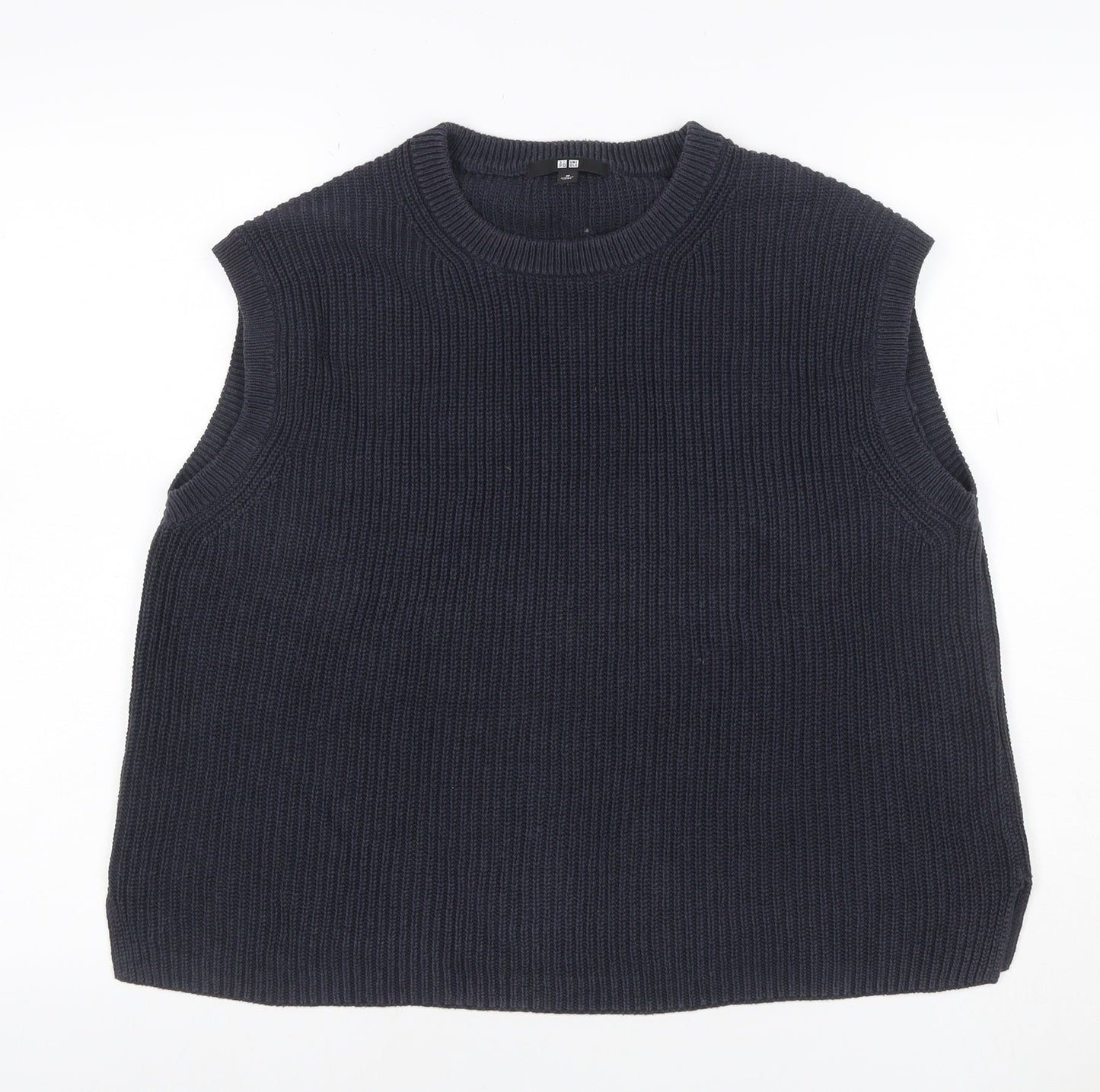 Uniqlo Women Blue M Ribbed Cotton Knit Sleeveless Crew Neck Vest