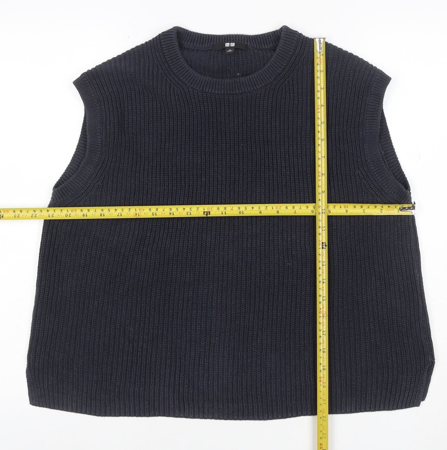 Uniqlo Women Blue M Ribbed Cotton Knit Sleeveless Crew Neck Vest