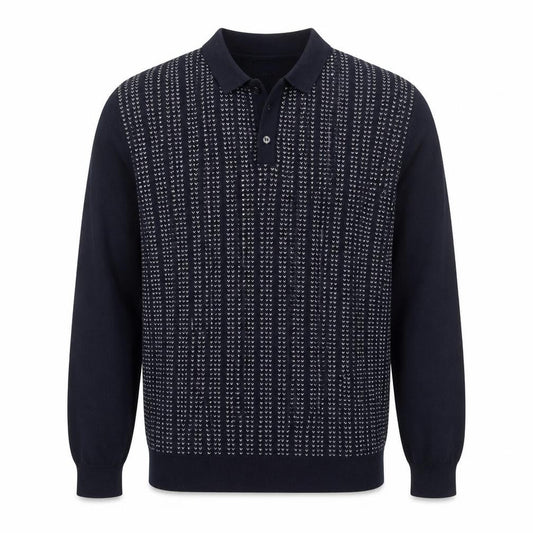 Front view of Easy men’s blue l collared henley geometric knit wool blend jumper