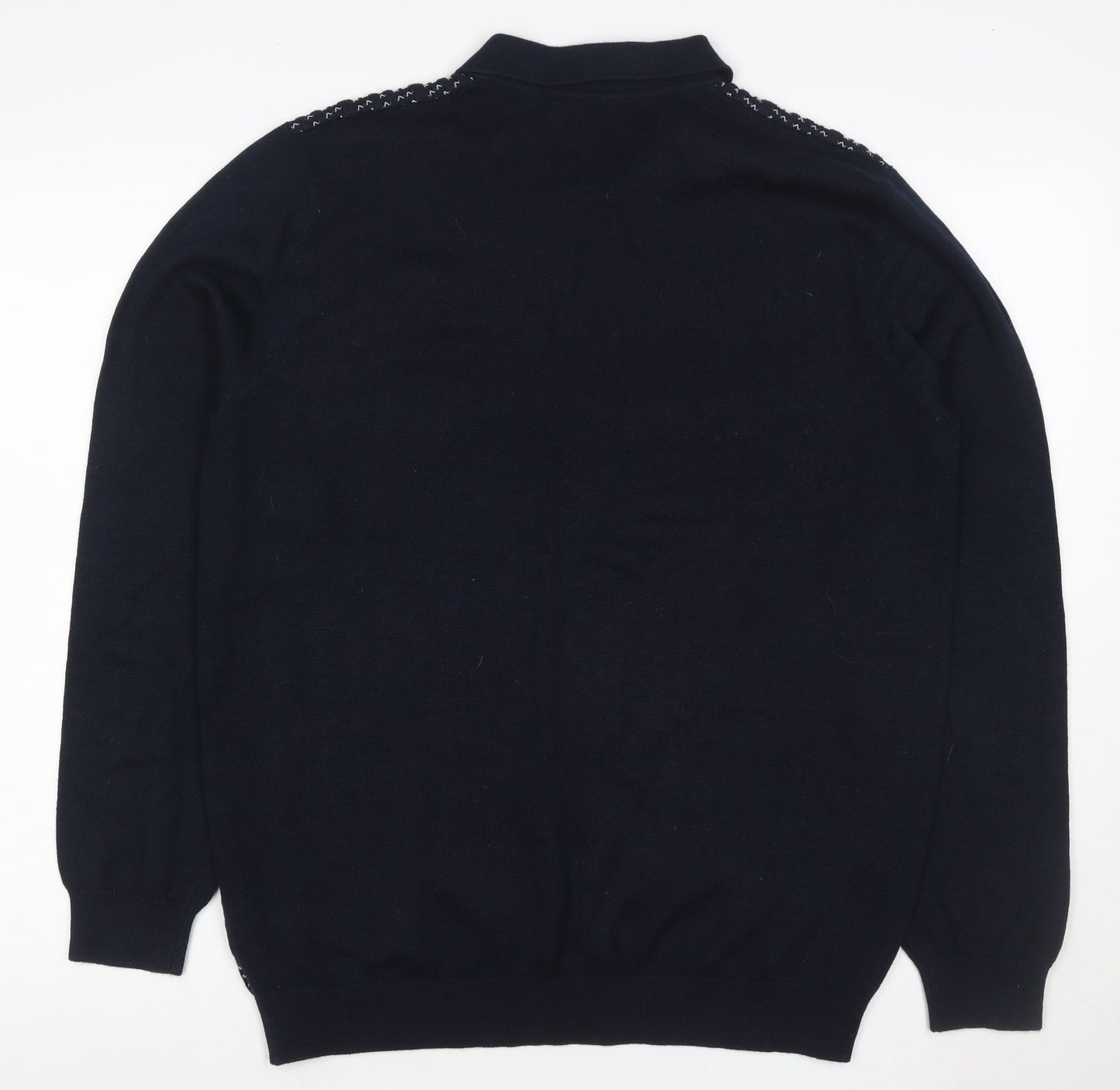 Easy Mens Blue L Collared Henley Geometric Knit Wool Blend Jumper