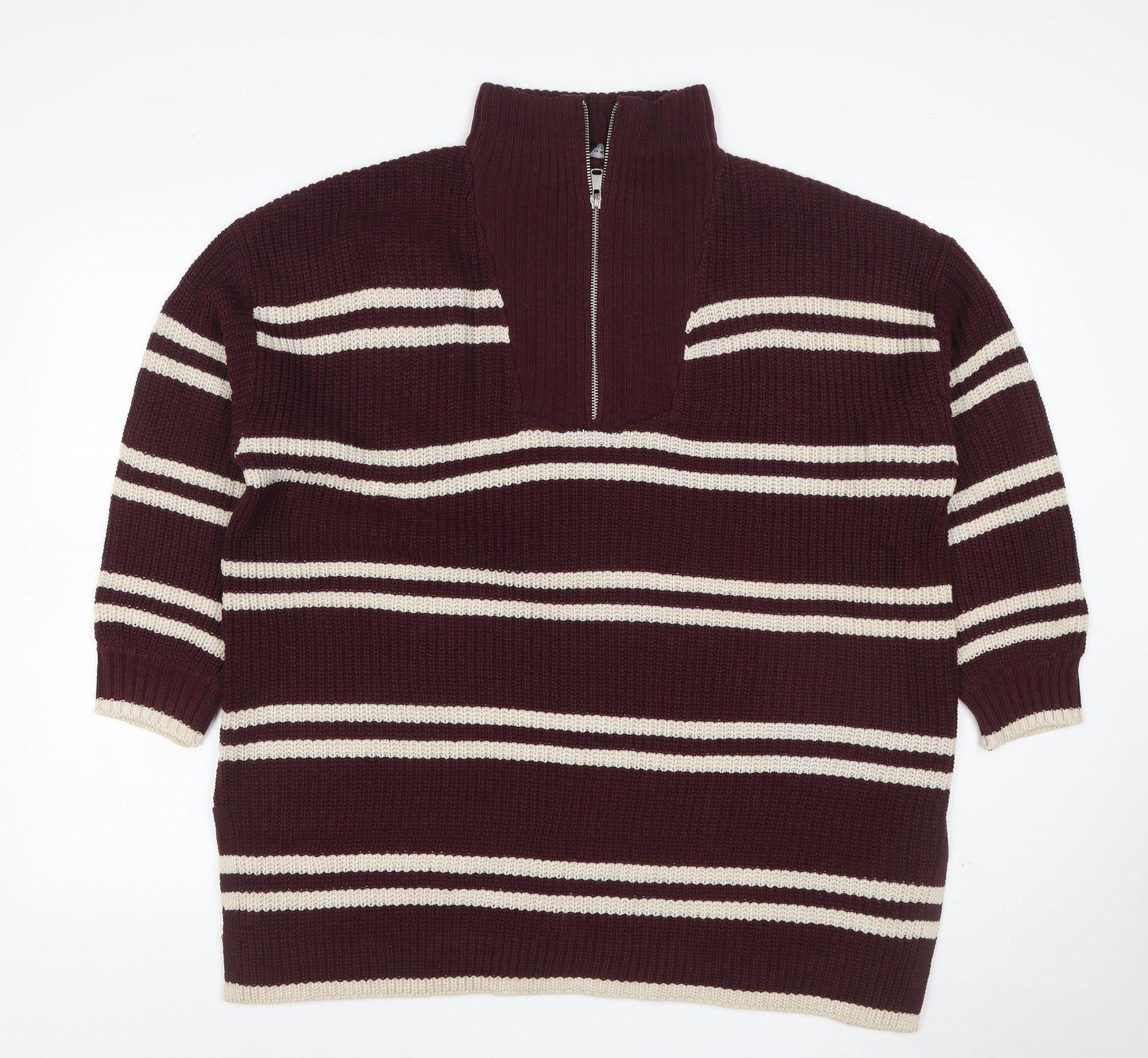 Yours Women Burgundy Ivory Striped 1/4 Zip Knit Jumper UK 14-16