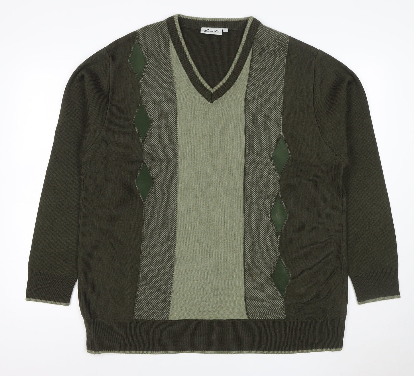 Cavalli Men’s Green L Geometric V-Neck Knit Pullover Jumper