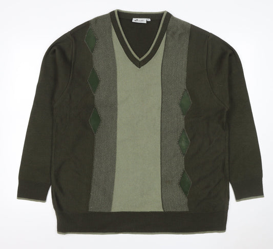 Cavalli Men’s Green L Geometric V-Neck Knit Pullover Jumper