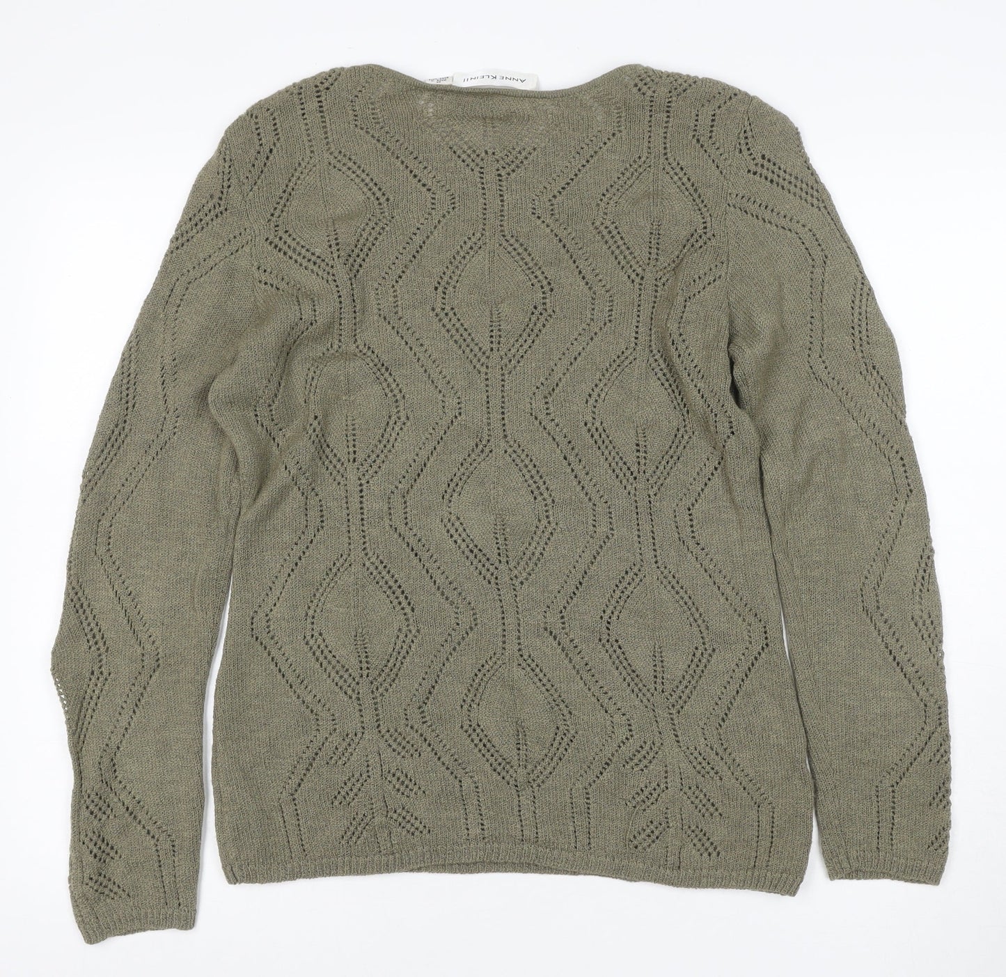 Anne Klein Women's Green M Open-Knit Geometric Long Sleeve Jumper