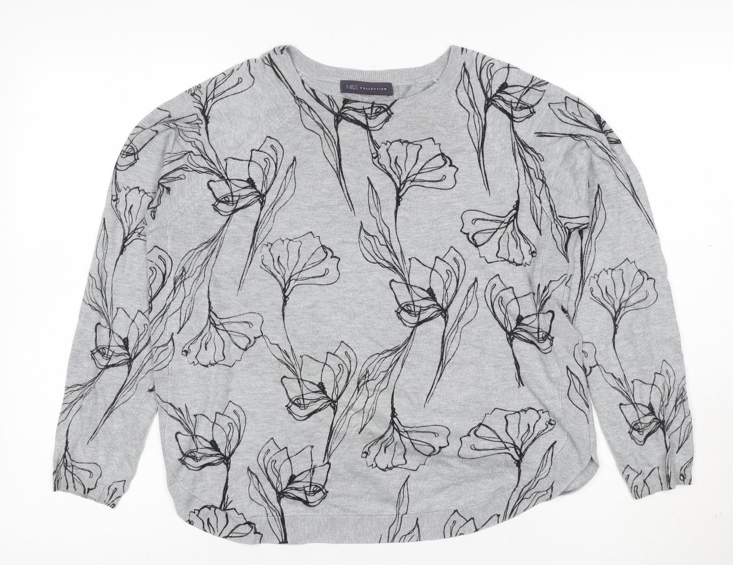 Marks & Spencer Women Grey Floral Knit Jumper UK 12 Long Sleeve