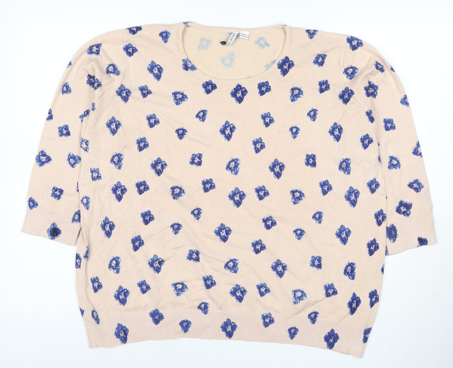 Capsule Women’s Beige Blue Floral Knit Pullover Jumper UK 22 3/4 Sleeve