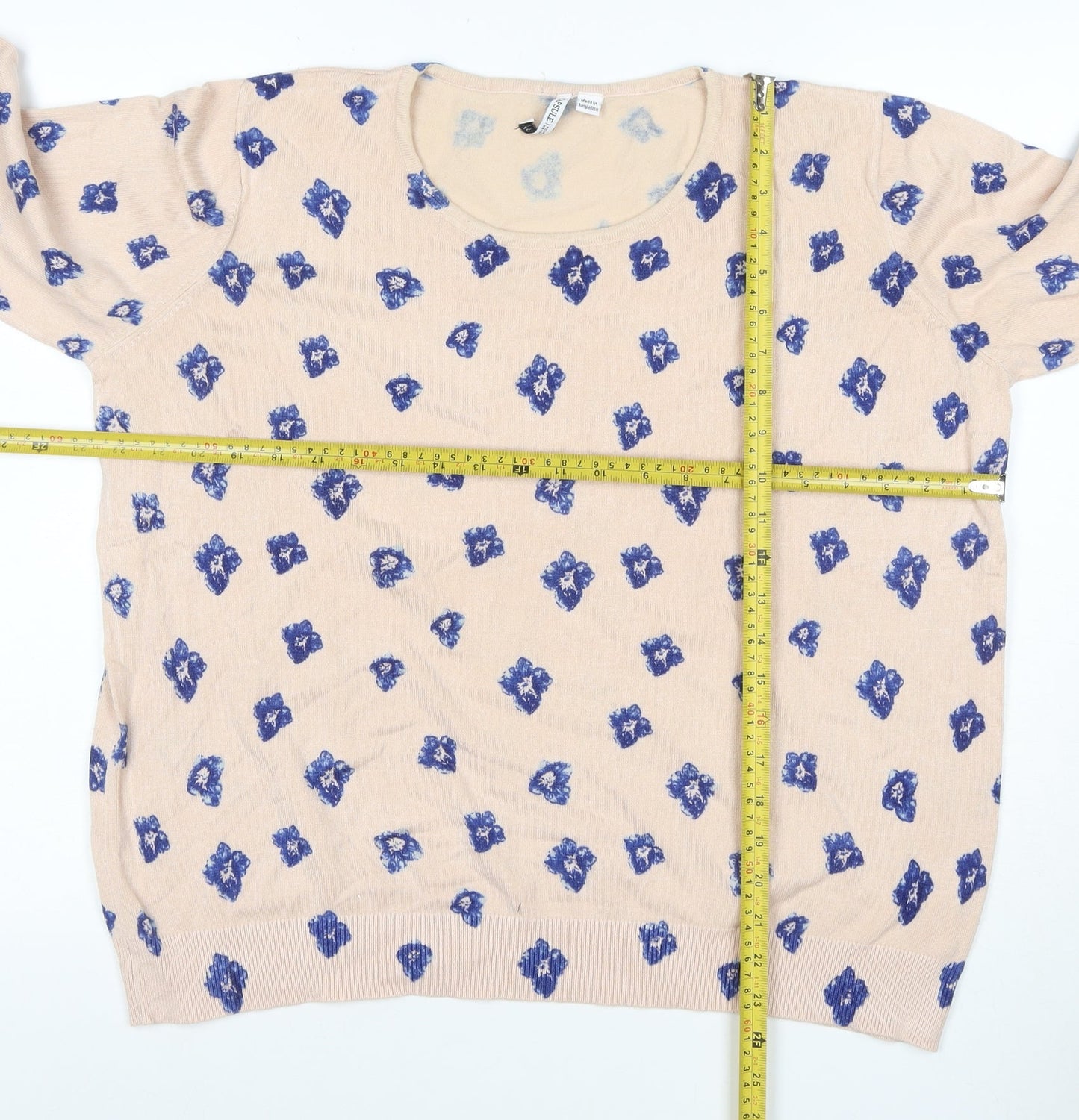 Capsule Women’s Beige Blue Floral Knit Pullover Jumper UK 22 3/4 Sleeve
