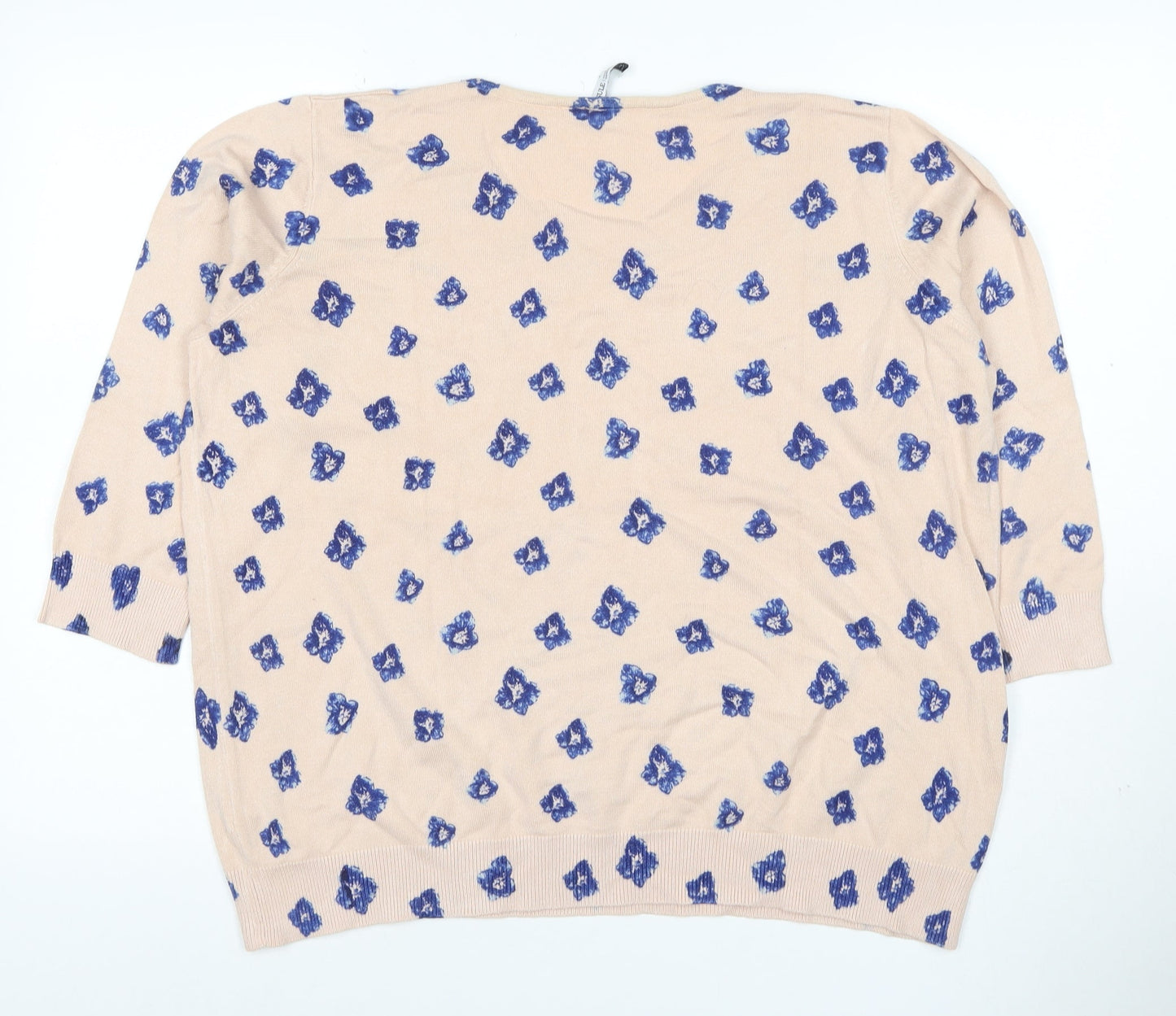 Capsule Women’s Beige Blue Floral Knit Pullover Jumper UK 22 3/4 Sleeve