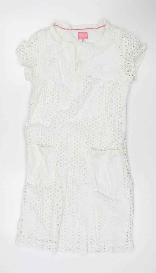 Joules Women White Cotton Broderie Shift Dress UK 12 Knee Length