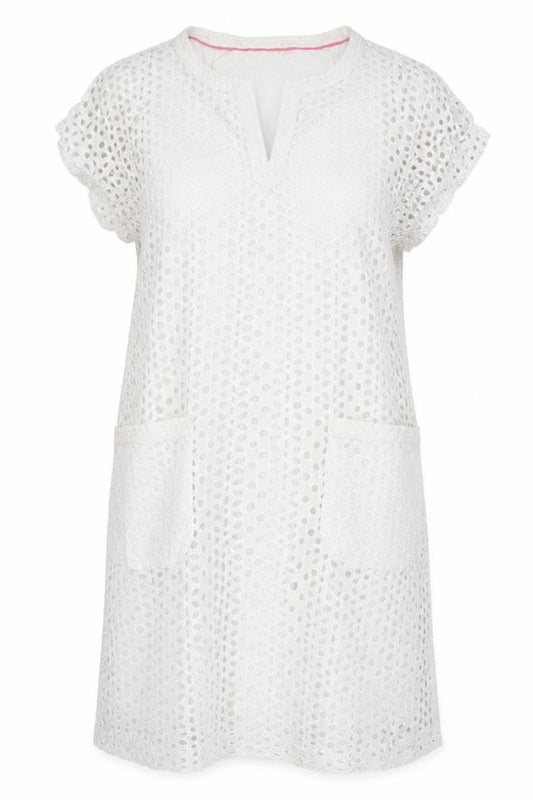 Joules Women White Cotton Broderie Shift Dress UK 12 Knee Length