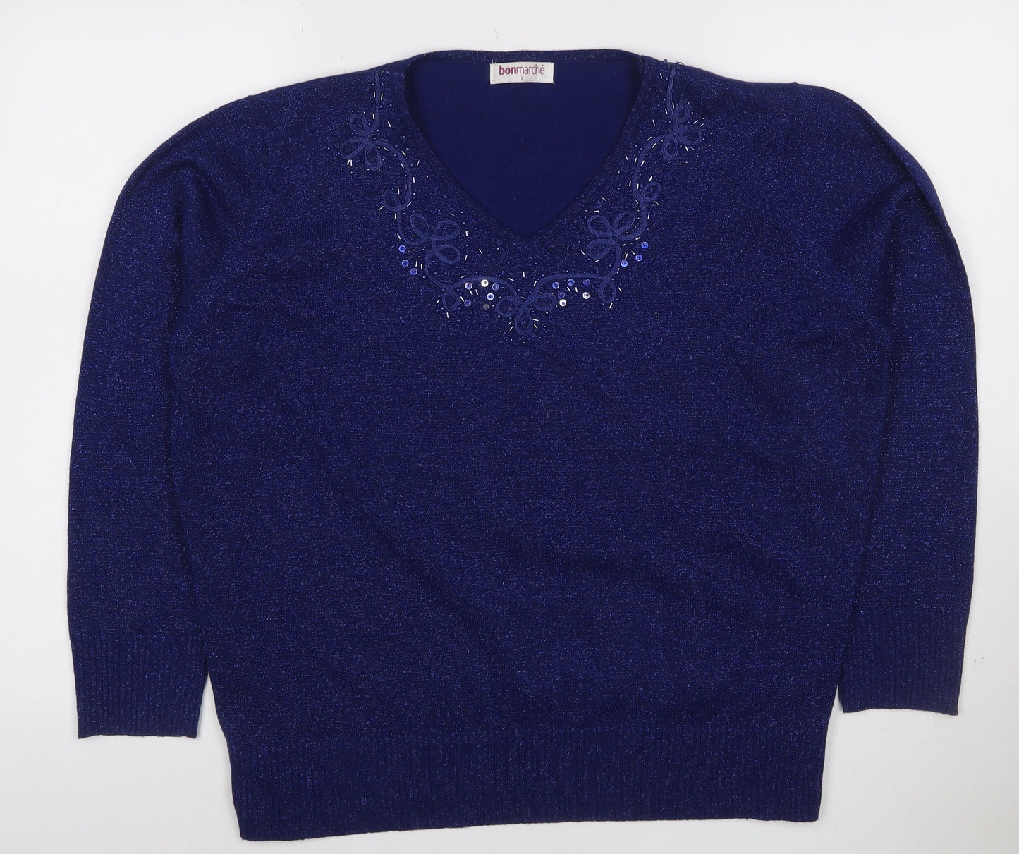 Bonmarché Women’s Blue L Sparkle Embellished V-Neck Knit Jumper