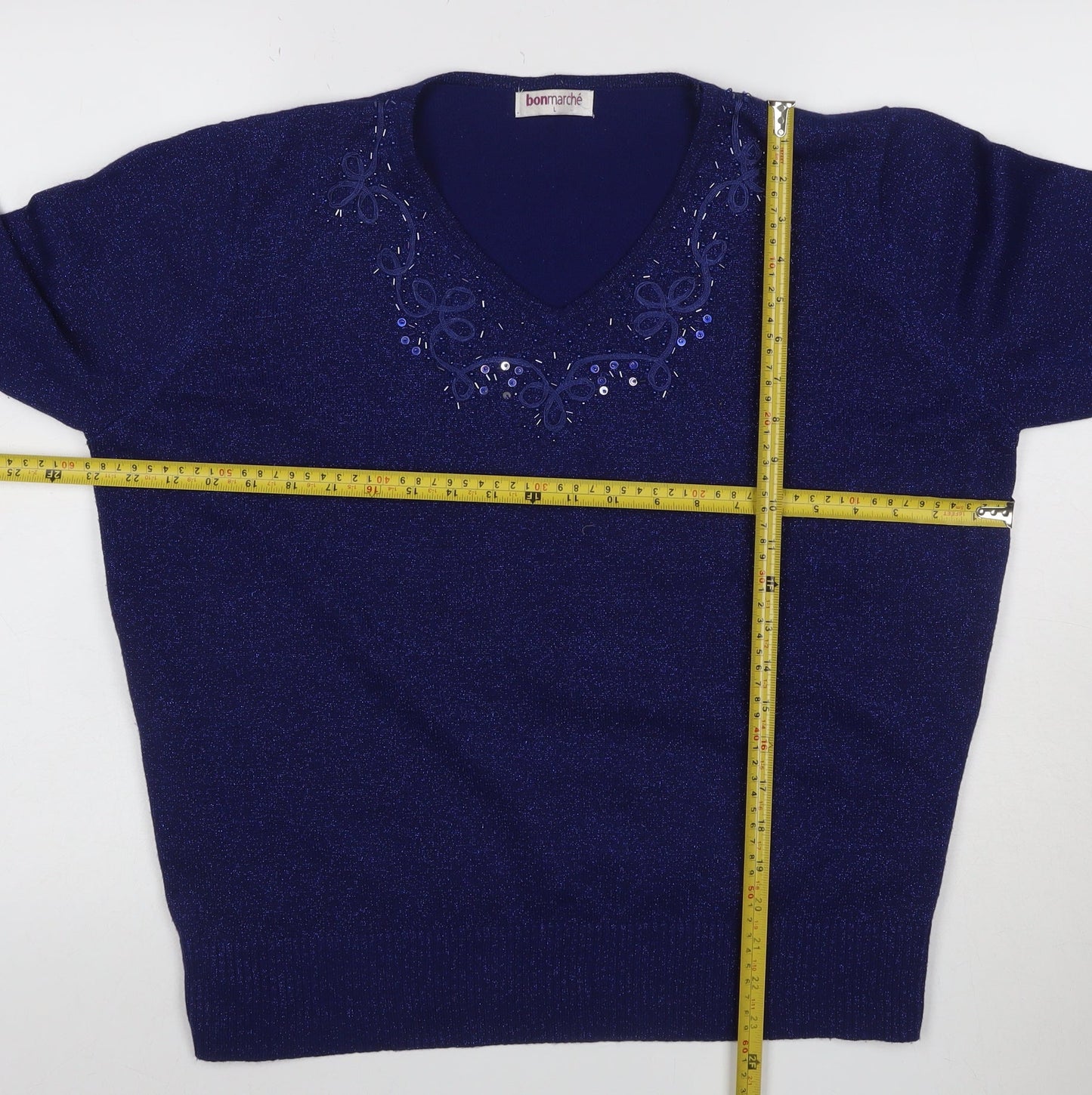 Bonmarché Women’s Blue L Sparkle Embellished V-Neck Knit Jumper