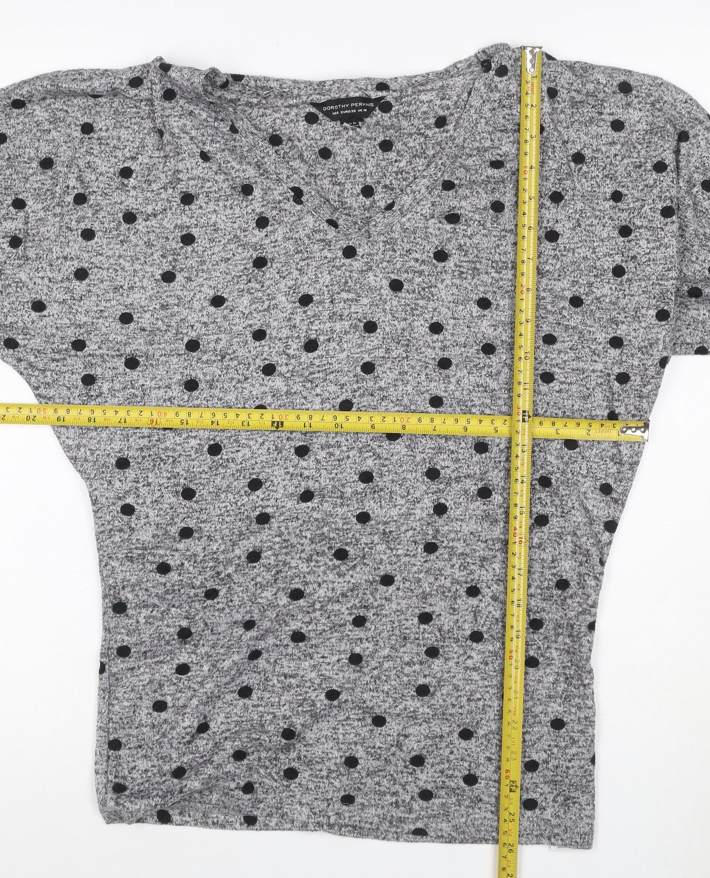 Dorothy Perkins Women Grey Black Polka Dot V-Neck Dolman Jumper UK 10