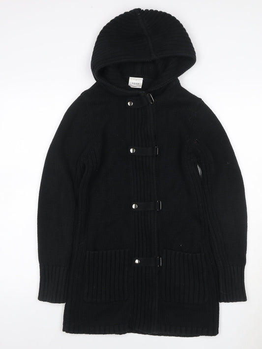 Next Women Black Small Hooded Knit Coatigan Buckle Fastening Pockets