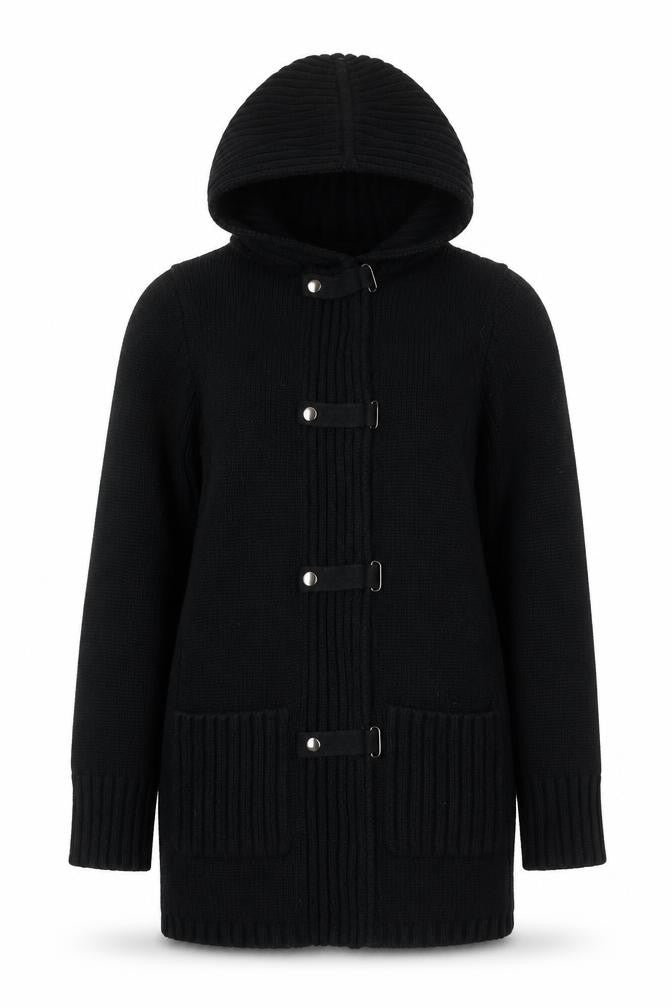 Next Women Black Small Hooded Knit Coatigan Buckle Fastening Pockets