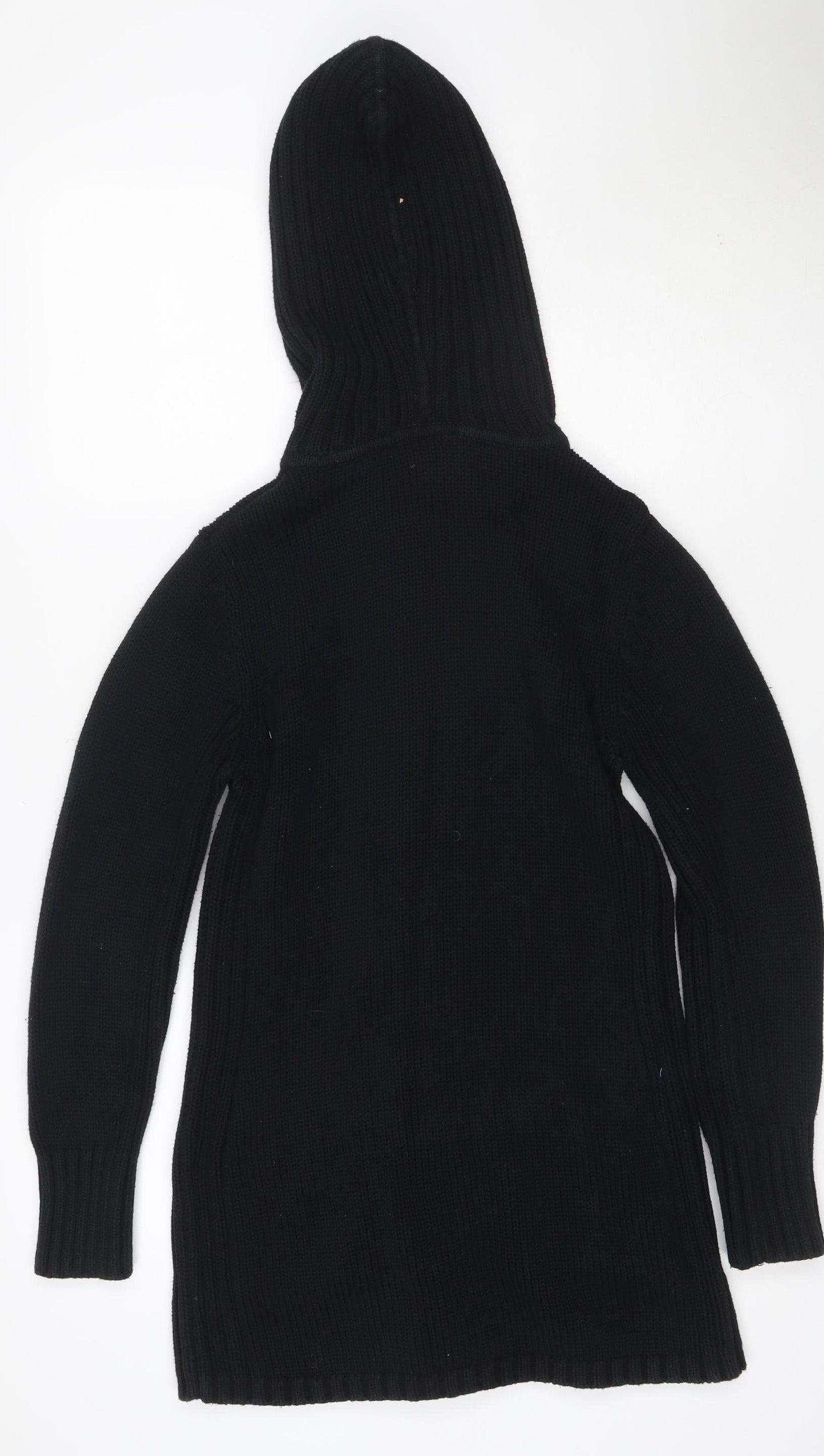 Next Women Black Small Hooded Knit Coatigan Buckle Fastening Pockets