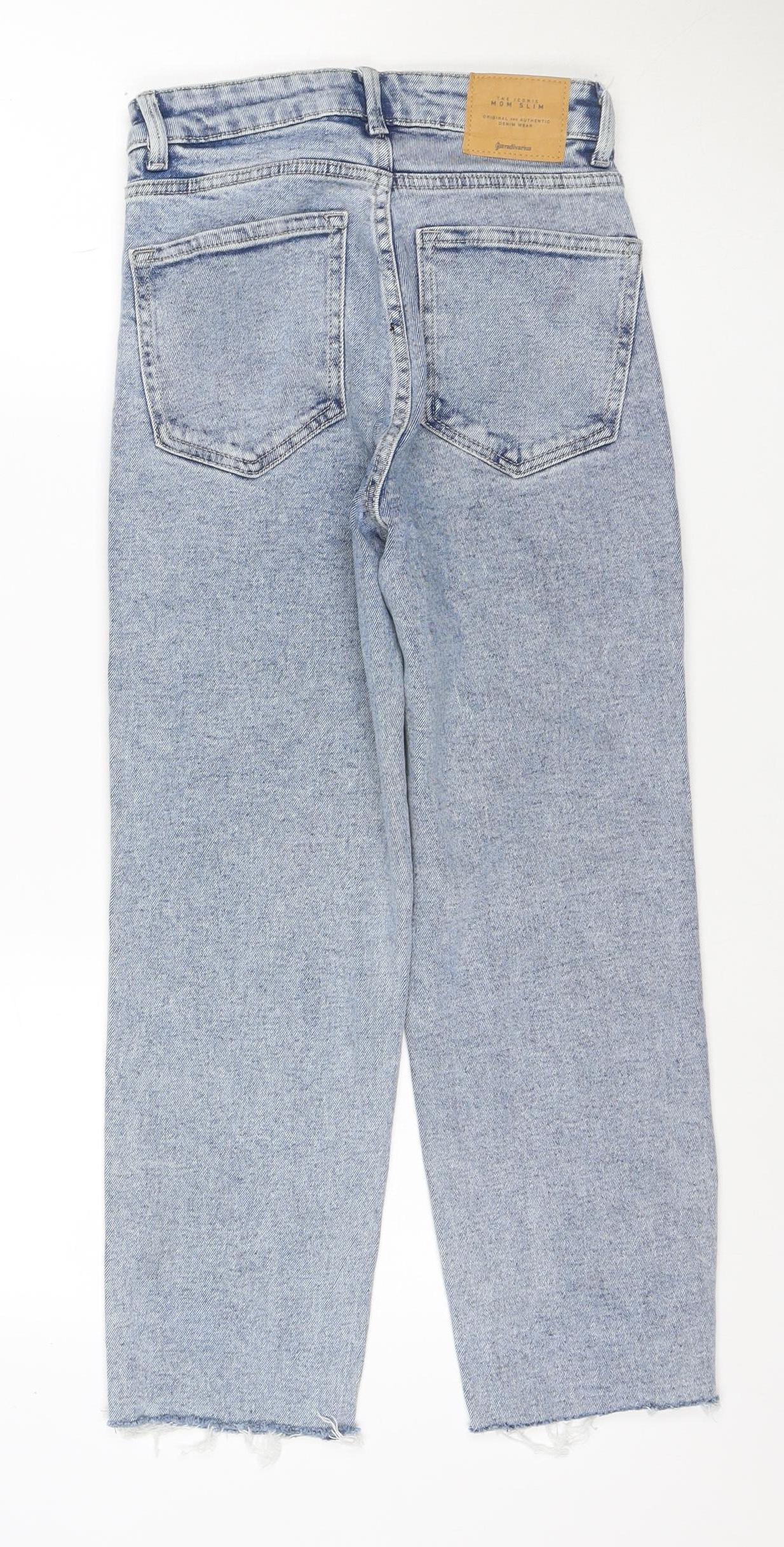 Stradivarius Women Blue UK 6 Mom Slim High Rise Jeans Raw Hem